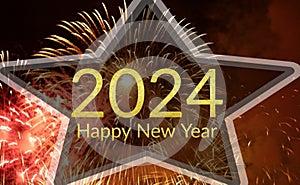 Happy New Year 2024 Firework And Sparkle On Beautiful Night Sky View Background.