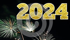 Happy New Year 2024 With Firework And Sparkling Night Sky Background.