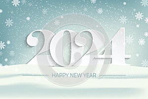 Happy New Year 2024 in the forest in the snow Vector paper art and digital craft style