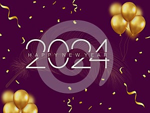 Happy new year 2024 with  gold   ballon  , Gold feather , gold confetti   text white color