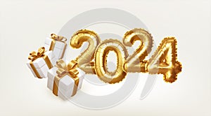 Happy New Year 2024 gold number and gift. Calendar header, greetings, Happy New Year 2024 greeting cards. 3d vector