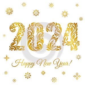 Happy New Year 2024. Golden figures isolated on a white background