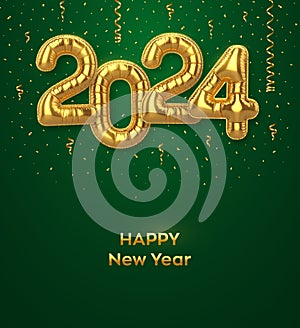 Happy New Year 2024. Golden foil balloon numbers on green background. High detailed 3D realistic gold foil helium balloons. Merry