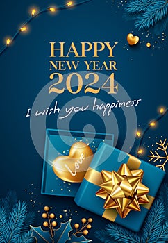 Happy new year 2024, Golden heart in an open blue gift box gold ribbon, berry and blue pine leaf, poster flyer design