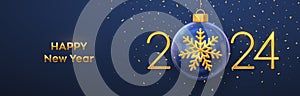 Happy New Year 2024. Golden metal 3D numbers 2024 with gold shining 3D snowflake in a Christmas glass bauble. Greeting card.