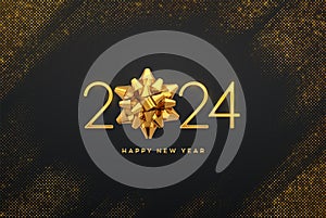 Happy New Year 2024. Golden metallic luxury numbers 2024 with golden gift bow on shimmering background. Greeting card. Bursting