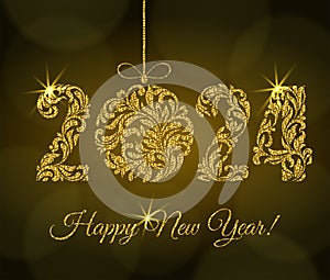 Happy New Year 2024. Golden numbers and Christmas ball with sparks on a dark background