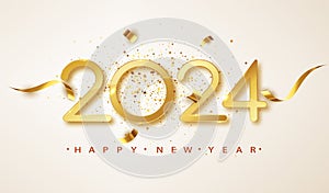 Happy New Year 2024. Golden numbers with ribbons and confetti on a white background.