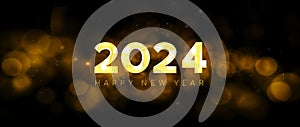 Happy New Year 2024 golden particle bokeh black background resolution concept.