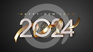 Happy New Year 2024 with golden realistic ribbon on black background. Vector realistic holiday illustration for