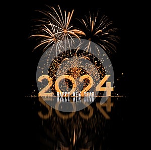 Happy new year 2024 greeting card with confetti and fireworks - 3D render