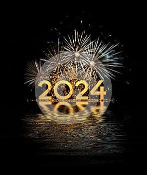 Happy new year 2024 greeting card with confetti and fireworks - 3D render