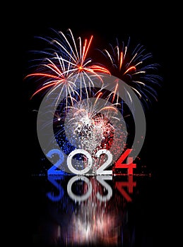 Happy new year 2024 greeting card with confetti and fireworks - 3D render