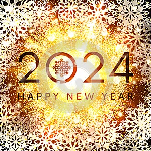 Happy New Year 2024 greeting card design on glowing abstract background with glittering confetti elements and snowflakes