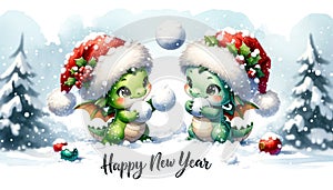 Happy New Year 2024 greeting card with two Cute Dragons. Two charming green dragons wearing Santa hats playing with snowballs,