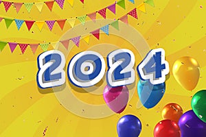 Happy new year 2024 greeting poster with balloons and party flags