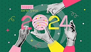 Happy New Year 2024 halftone paper stickers collage. Vector illustration with halftone hands holding number 2024 with