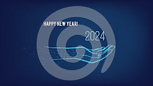 Happy New Year 2024 in hand from triangles and points on dark blue background.