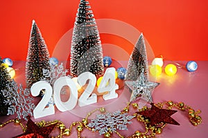Happy new year 2024 holidays celebration with christmas decorations background