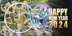 Happy New Year 2024 image of earth and transparent clock show almost midnight time with shiny golden text on blurry holiday