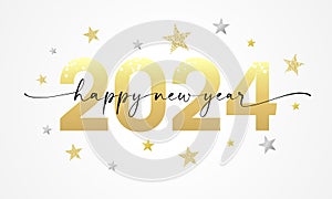 Happy New Year 2024 lettering script and golden glitter of stars
