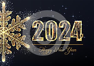 Happy New Year 2024 luxury greeting card template with gold digits and snowflake on black background