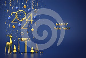 Happy New Year 2024. Merry christmas card. Hanging golden metallic numbers 2024, stars, balls, confetti. Watch with Roman numeral