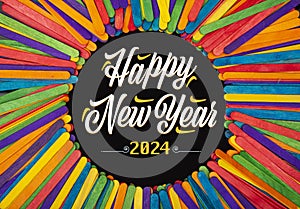 Happy New Year 2024 Message on multi color popsicle sticks circle