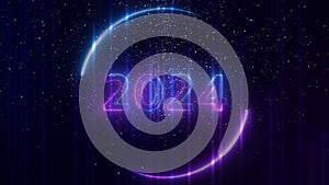 Happy new year 2024 neon light animation. background with colorful lines, glowing trails looped Abstract Pink blue and purple