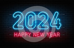Happy New Year 2024. New Year 2024 and Christmas neon signboard with glowing text and numbers. Neon light effect for background,