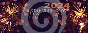 HAPPY NEW YEAR 2024 / New Year`s Eve Holiday Event Party Firework - Festive silvester background panorama banner long - Golden