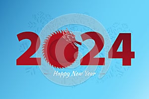 Happy New Year of 2024, number 2024 with Dragon on abstract snowflake blue background