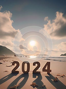 Happy New Year 2024, picture of 2024 numbers on the beach in the morning light generative ai art