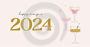 Happy New Year 2024, poster, banner and card design with festive cocktails