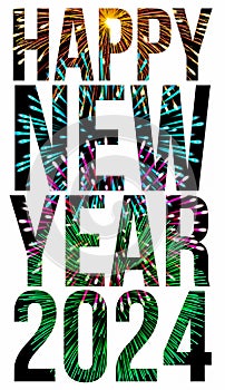 Happy new year 2024 poster with colorful fireworks, isolated white background