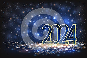 Happy New Year 2024 poster with numbers cut out of paper and with glitter. Winter holidays greeting or invitation. Vector