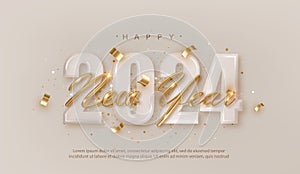 Happy New Year 2024. Realistic gold lettering New Year on Pastel number 2024.