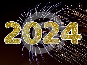 Happy New Year - 2024 Shiny Golden Glitter Text On Firework Background.