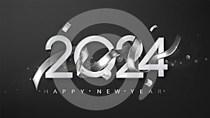 Happy New Year 2024 with silver realistic ribbon on black background. Vector realistic holiday illustration for