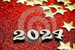 Happy New year 2024 with space copy on red glitter background