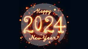 Happy New Year 2024, Sparkling burning text Happy New Year 2024 isolated on black background