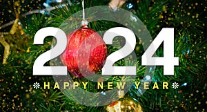 Happy New year 2024 theme Red and Golden Christmas Balls on Branches