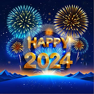 Happy New Year 2024 and various colors of fireworks.