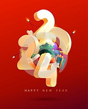 Happy New year 2024. White 3D data with Christmas tree and colorful gift boxes. Holiday poster design. The image was created