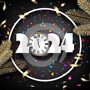 Happy new year 2024. White paper numbers with frame and golden fir branches and colourful confetti on black background