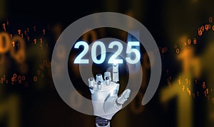 Happy new year 2025. Artificial intelligence, Ai, Robotic hand tapping on the year to change it into 2025 to start and welcome new