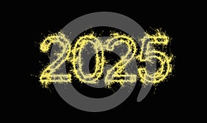 Happy new year 2025. Dazzling text on the dark background glows to celebrate and welcome the arrival of the new year with joy and