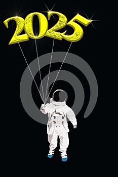 Happy New Year 2025. Illustration of a cosmonaut carrying gold balloons in his hand.