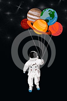 Happy New Year 2025. Illustration of a cosmonaut holding planets like balloons in his hand.