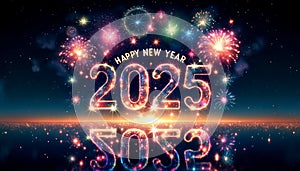 Happy new year 2025 reflection with fireworks